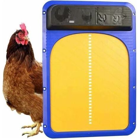 Puerta automática para gallinero con sensor de luz, resistente al agua, dimensiones 35 × 24 × 3,7 cm, funciona sin pilas ni electricidad. (1/5)
