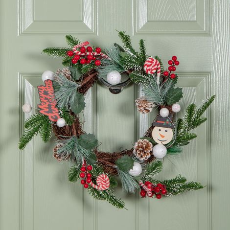 40cm Candy Swirls Christmas Wreath with Pinecones Red Berries and Candy Canes (1/5)