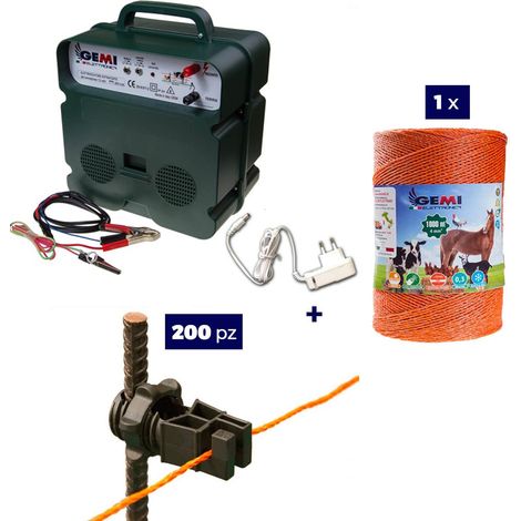 Kit completo per recinto elettrico con 1 x Elettrificatore B12 a doppia alimentazione 12 V / 220 V + 1 x Filo 1000 MT 4 Mm² + 200 pezzi isolatori per paletti in ferro - Recinzione Elettrica per animal