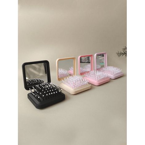 Peigne miroir portable pliable, brosse à cheveux compacte avec miroir, taille poche, légère, élastique, couleur unie, carrée, pour femme et fille, sac cosmétique, rangement sous lit, bureau, fournitur (1/5)