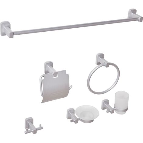 Ensemble de Quincaillerie de Salle de Bain Moderne 6 Pièces en Aluminium Mat avec Verre et Porte-Savon Accessoires Argenté Pocone (1/5)