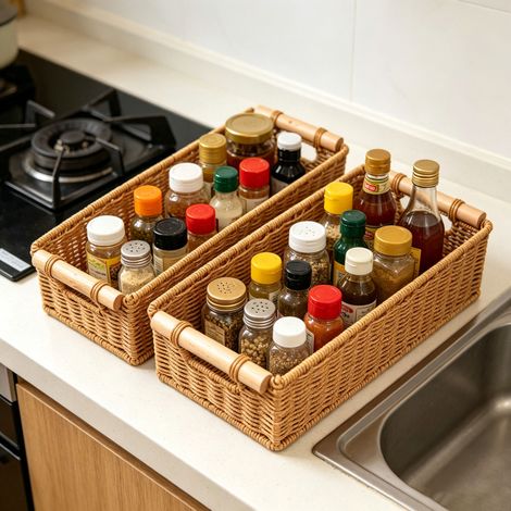 Bac de rangement rectangulaire haut grand modèle imitation rotin couleur fécule de poisson, panier de rangement domestique avec poignées en bois, organisateur polyvalent pour snacks, jouets, accessoir (1/3)
