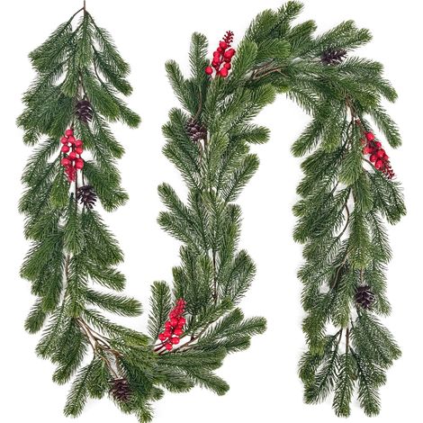 Tannengirlande 190cm Weihnachtsgirlande Tanne Girlande Tannengrün Spritzguss mit Zapfen und Roten Beeren, Künstliche Grüne Girlande Weihnachten Kunsttanne Wie Echt (Grün)