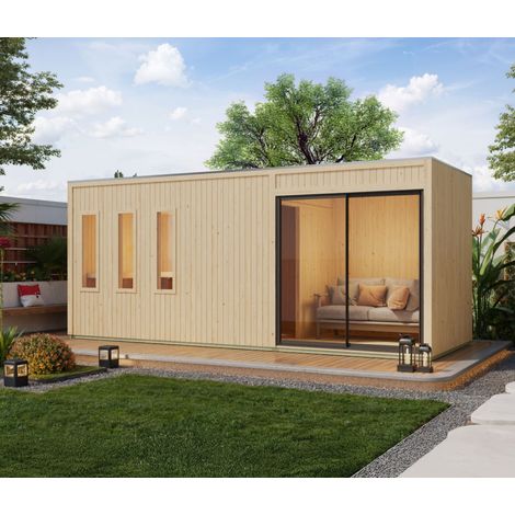 Sauna extérieur traditionnel 4-6 places en bois massif – Dimensions 216,5x573,5cm – Épaisseur des parois 73mm – Isolation laine minérale – Karibu (1/5)