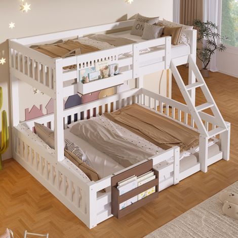 Lit superposé 90x200 et 140x200 cm avec 2 rangements latéraux Lit enfant avec échelle et garde corps-Pin Métal MDF Blanc (1/5)