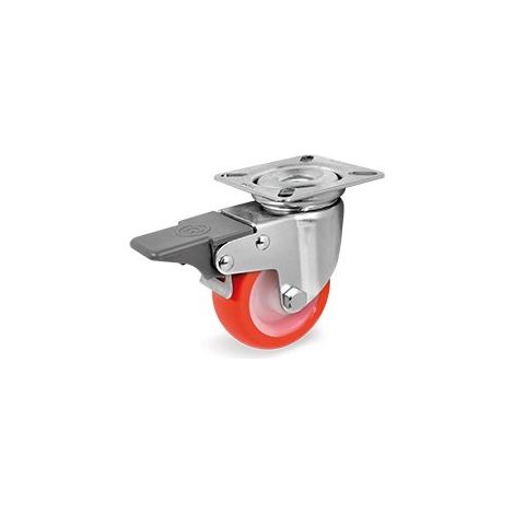 Roulette pivotante à frein diamètre 50 mm roue polyuréthane rouge - 55 Kg (1/2)