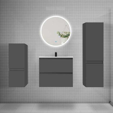 Ensemble meuble vasque L.60cm 2 tiroirs + lavabo + LED miroir rond 60cm + 2colonne,anthracite (1/5)