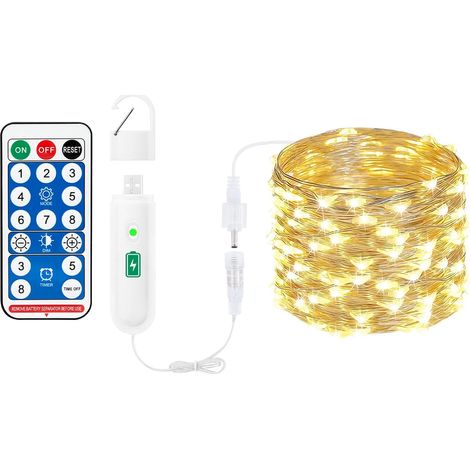 Guirlande lumineuse rechargeable par batterie, 10 m, 100 LED avec télécommande, 8 modes, minuteur, interface de charge USB, guirlande lumineuse pour intérieur et extérieur, décoration de Noël (1/5)