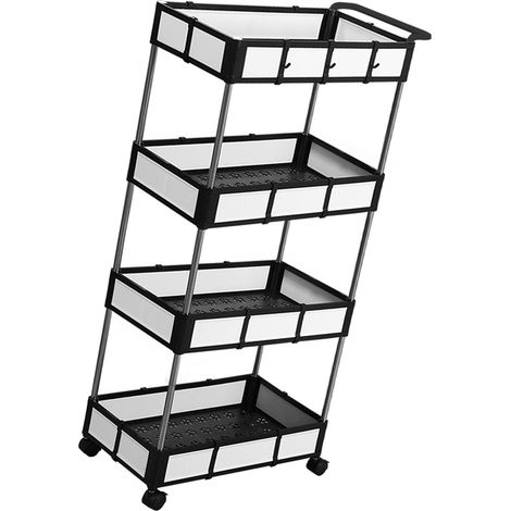 Chariot utilitaire roulant multifonctionnel à 4 couches avec paniers détachables, poignée de rangement à 4 crochets, roulettes verrouillables pour cuisine, bureau, salle de bain, noir (1/5)