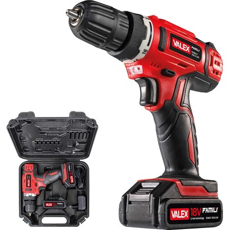 Valex 1429387 Trapano Avvitatore a Batteria al litio 18V FAMILY-TECH 218, in Valigetta, 0-650 Giri/min, 2 Batterie incluse, Rosso, 3/8pollice (1/5)