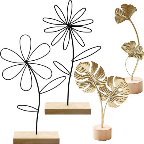 Soporte decorativo de metal de 4 piezas para flores, con forma de flor, adornos de hojas de monstera/hojas de ginkgo dorado para oficinas/salas de estar/dormitorios/estudios (negro, dorado)