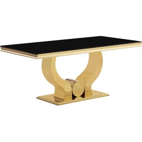 Homy France – Table de salle à manger marbré noir 180x90x75cm – Pied en acier inoxydable doré – Pour 6 à 8 personnes – Plateau en verre trempé