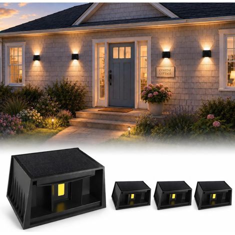 4 Pièces Applique Murale Extérieur 3000K Lumière Chaude Lampe Solaire Murale Exterieur Applique Murale Solaire Vintage, Réglable Up Down Lumière étanche IP65 pour Jardin Mur Clôture (1/5)