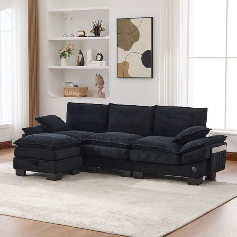 Canapé modulable 260x132x84 cm – canapé xl 3 places avec coffre sous assise pouf poches usb-c et prise – velours côtelé – noir (1/5)