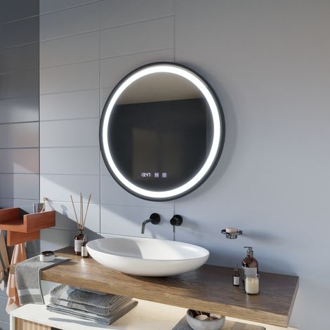 Miroir LED Desembuage Horloge et Temperature 60 Cadre Noir Brosse (1/4)
