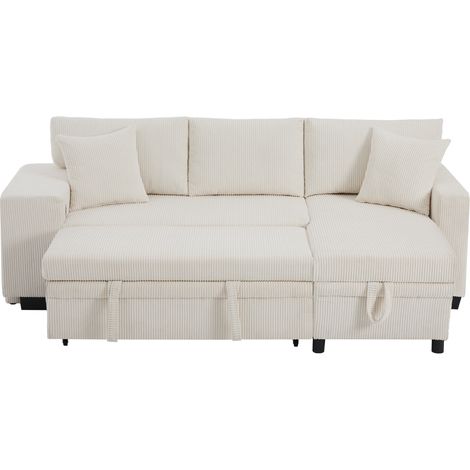Divano letto angolare L trasformabile 3 posti in velluto a coste beige con USB e contenitore (1/5)