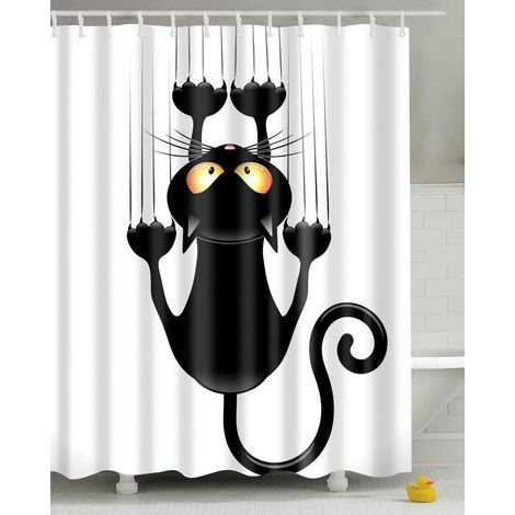 Rideau de douche motif chat humoristique 150x180cm – Tissu à séchage rapide et résistant à la moisissure – Installation facile avec crochets (1/4)