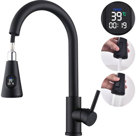 Miscelatore cucina LED con indicatore temperatura, doccetta estraibile, alta pressione, 2 getti, acciaio inox, facile installazione, rubinetto lavello nero