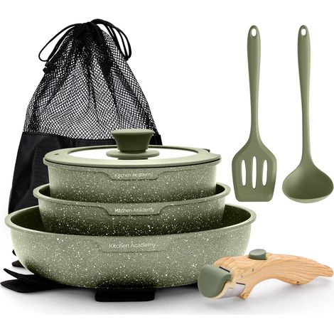 10 x Induction Cookware Set Non-Stick Frying Pan and Saucepan with Removable Granite Handle (1/5)