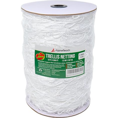 AlpineReach Trellis Netting 5 x 350 ft Heavy Duty Polyester White - 6 Inch Mesh Support Twine for Growing High Yield Tomatoes, Peas, Vine Climbing Plants Fruits Vegetables