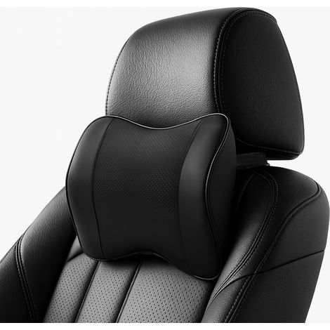 Oreiller cervical en cuir pour voiture, coussin d'appui-tête en cuir pour soutien de la nuque, avec sangle réglable, respirant et housse amovible, noir. (1/5)