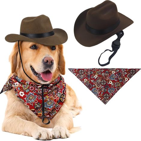 Titre : Chapeau de Cowboy et Foulard pour Chien Ensemble de Déguisement pour Animaux de Compagnie Accessoires de Costume pour Fête et Anniversaire Marron et Rouge (1/5)