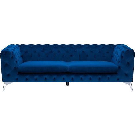 Sofá de 3 plazas de terciopelo azul marino estilo Chesterfield con respaldo bajo Sotra (1/5)