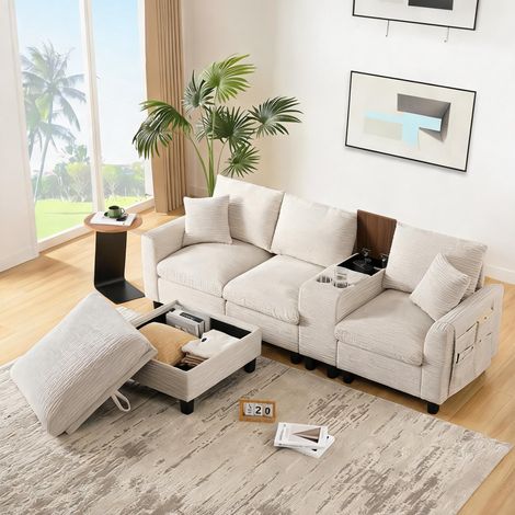 Canapé d'angle modulable en tissu côtelé beige avec console (1/5)