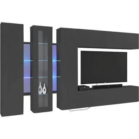 Dmora - Parete attrezzata Bellino, Set salotto porta TV, Mobile soggiorno con vetrina e luce LED, 100% Made in Italy, cm 320x30h180, Antracite