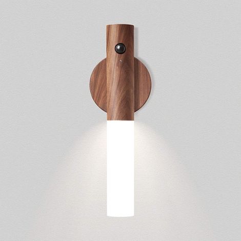 Applique Murale intérieur avec Détecteur, Lampe Multi-fonctionne bois, lampe de chevet design démontable avec support Magnétique, Veilleuse de nuit LED Rechargeable portable (Walnut) (1/5)