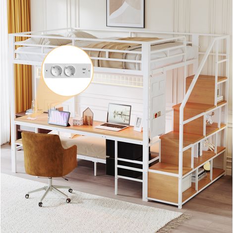 MEUBLIV Hochbett 140x200 cm Weiß – mit Schreibtisch, LED und Stauraum, ohne Matratze (1/5)