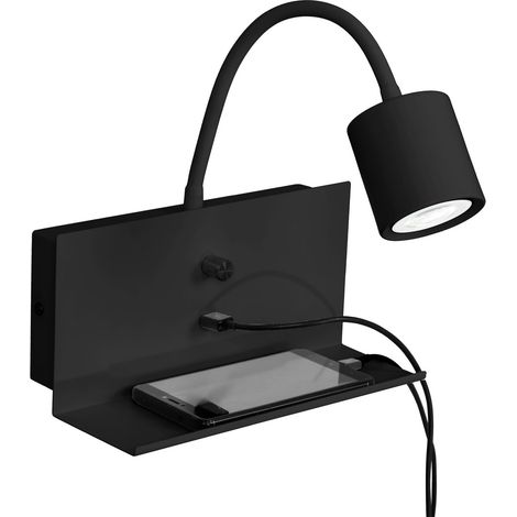 Wandlampe mit Ablage USB-Ladefunktion Schwarz Metall Wandleuchte zum Lesen