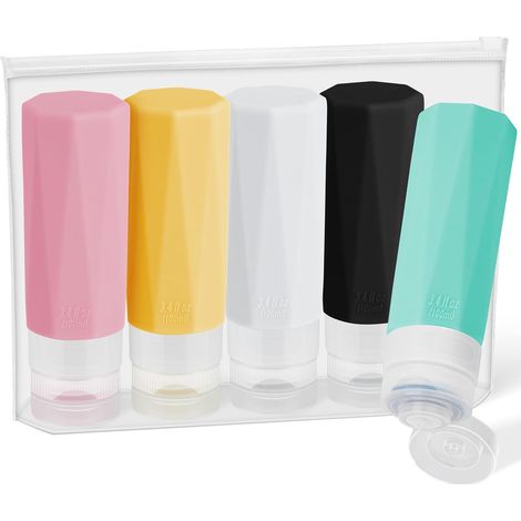 5 fons silicone 100 ml anti-fuite + sac rangement, rechargeables pour shampoing, cosmétiques ou lotion (1/5)