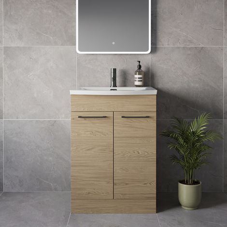 Napoli 390 Light Oak 600mm 2 Door Vanity Unit with Arc Basin - 600mm - Gunmetal Grey 160mm Handle