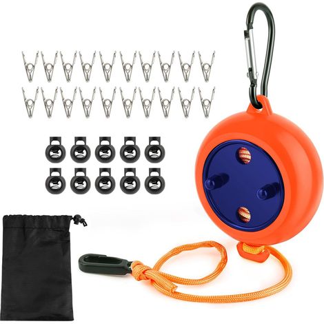 Étendoir à linge rétractable portable, 8 mètres, avec 10 boucles de fixation, 20 clips coupe-vent, sac de rangement (orange) (1/5)