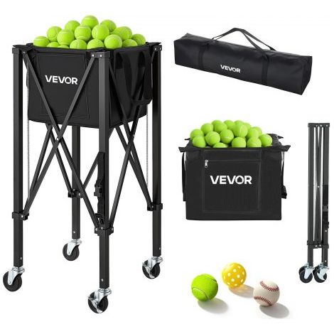 Carro Plegable para Pelotas de Tenis con Ruedas, Capacidad de 120 Pelotas, Cesta de Tenis con Bolsillos Laterales, Bolsa de Nailon, Carrito de Entrenamiento Multideporte para Pickleball Béisbol (1/5)