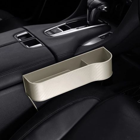 (Beige droit) Organisateur de remplissage d'espace entre les sièges avant, avec boîte de rangement et console centrale en plastique de qualité supérieure et porte-gobelets. (1/5)