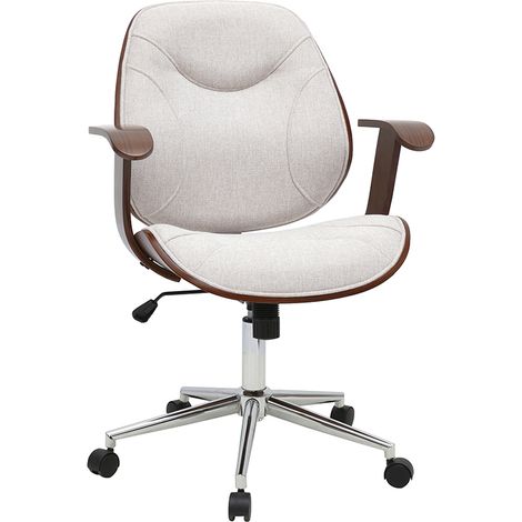 Silla de oficina con ruedas de diseño en tela efecto terciopelo texturizado beige, madera oscura y acero cromado YORKE