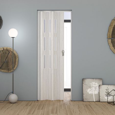Porta a soffietto da interno in pvc 83x214 cm mod. Maya colore Pino Bianco con vetro Satinato