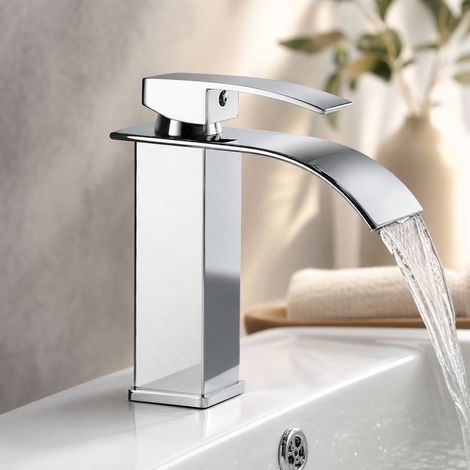 Robinet cascade salle de bain mitigeur lavabo bec plat chromé acier inoxydable avec flexible (1/5)