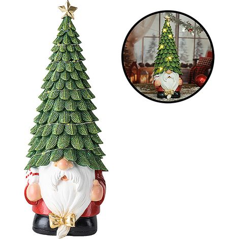 (Benötigt 2 AA-Batterien) Beleuchteter Zwerg-Weihnachtsbaumschmuck aus Kunstharz, festliche Szene, Schreibtischdekoration (grün) (1/2)