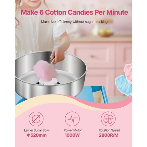 Machine à barbe à papa électrique avec chariot, 1000 W, appareil à barbe à papa commercial avec bol en acier inox de 52 cm, cuillère à sucre et tiroir, pour fêtes d'anniversaires d'enfants, bleu (1/5)