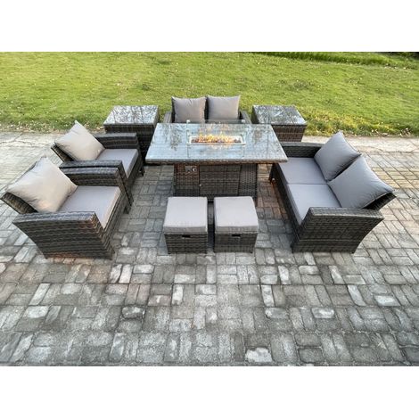 Fimous Outdoor Garden Furniture Sets 9 Pieces Wicker Rattan Furniture Gas Firepit Dining Table Sofa Set with 2 Small Footstools 2 Side Tables Dark Grey Mixed (1/5)