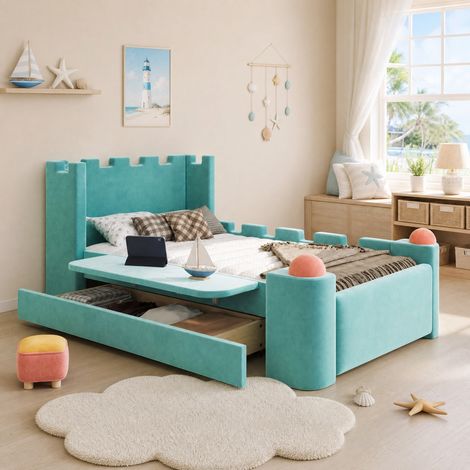 Cama infantil 90x200 cm estilo castillo, con bandeja abatible y cajón, azul verdoso OKMYHOME (1/5)