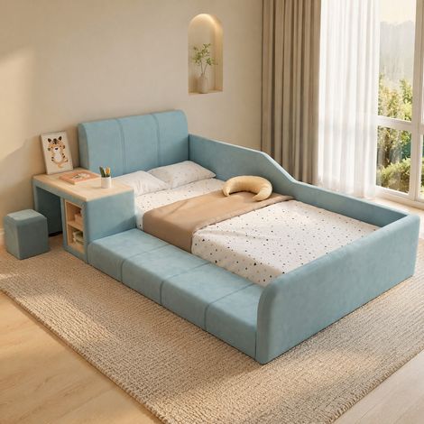FLORAGRACE Cama infantil 90x200 de terciopelo azul con escritorio lateral, taburete y almacenaje (1/5)