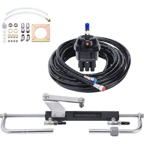 Kit de direction hydraulique hors-bord, système de barre hydraulique pour bateau, avec pompe de gouvernail, vérin de verrouillage bidirectionnel et flexible hydraulique de 6 m, pour bateaux monomoteur (1/5)