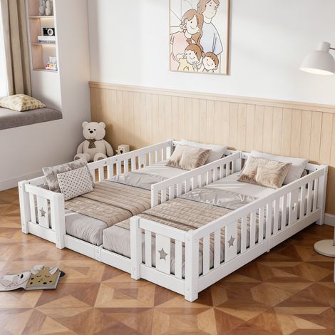 Lit double lit au sol 90x200cm, lit Montessori avec barrière de sécurité, cadre de lit enfant, sommier à lattes inclus, 2 places, bois massif, Blanc (1/5)