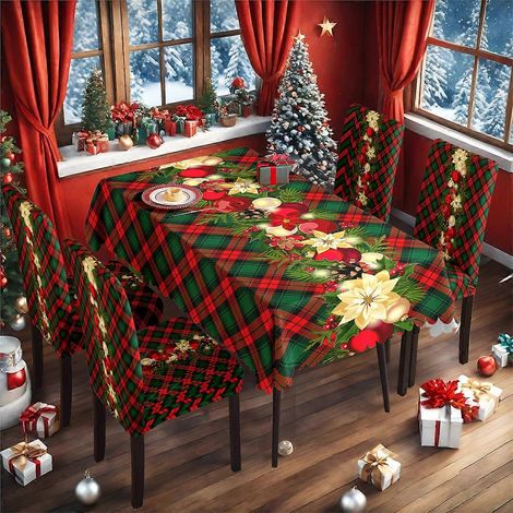 Nappe de Noël chaude, classique dorée, décoration de Noël, nappe et housse de chaise, ensemble TC-34 tout compris (nappe imperméable 140210cm + (1/3)