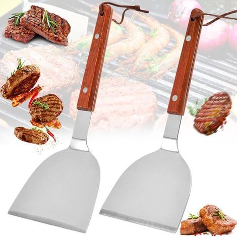 Ecleanfy - Ensemble 2 spatules teppanyaki inox avec manche bois anti-brûlure — grande et petite (1/5)