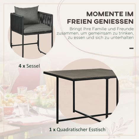 Ensemble de jardin repas 5 places, canapé d’extérieur, rotin synthétique, coussins assis, résistant pluie/UV, noir anthracite/gris (1/4)